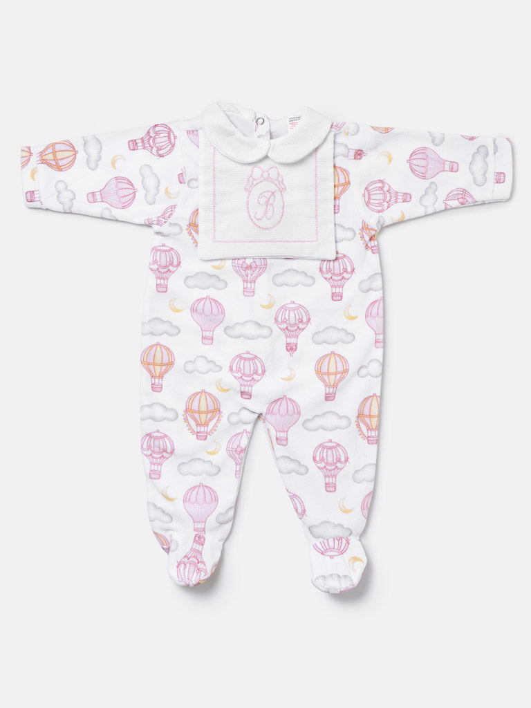 Velour Baby Grow with Embroidered Letter "B" Hot Air Balloon Collection - Baby Pink