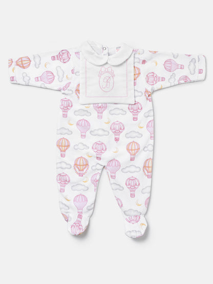 Velour Baby Grow with Embroidered Letter "B" Hot Air Balloon Collection - Baby Pink