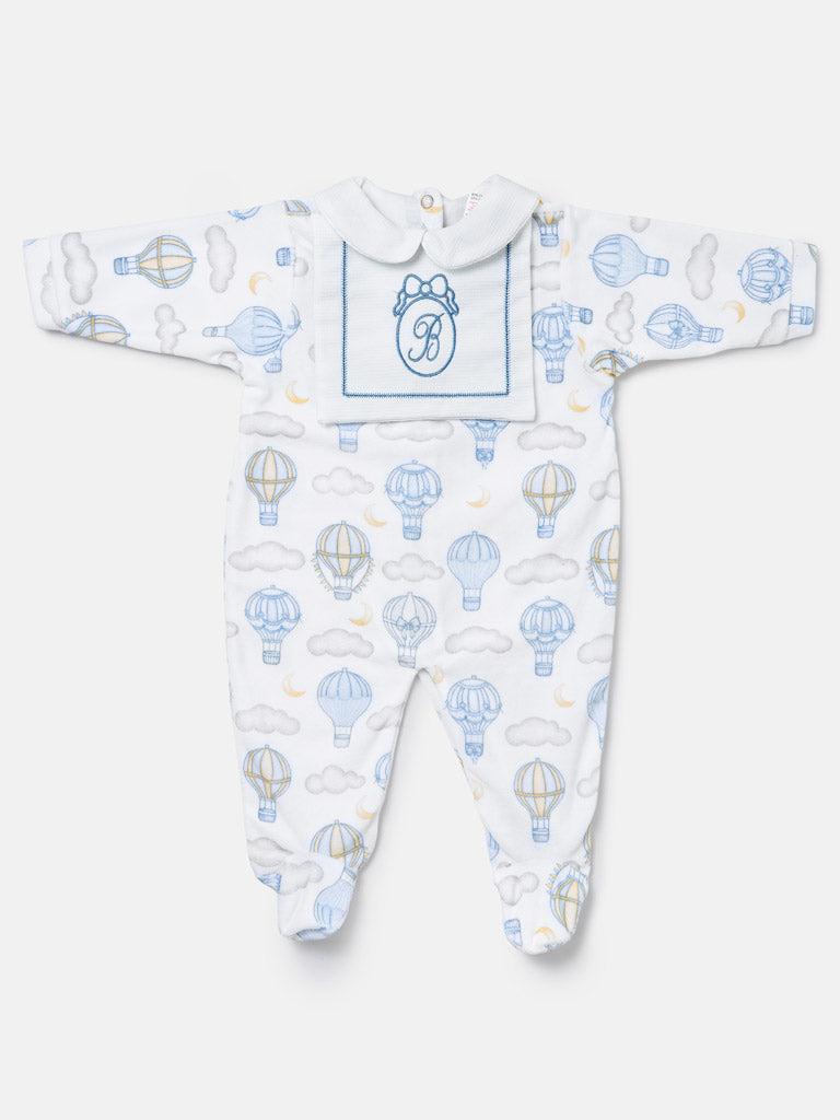 Velour Baby Grow with Embroidered Letter "B" Hot Air Balloon Collection - Baby Blue