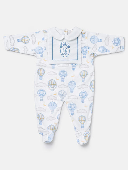 Velour Baby Grow with Embroidered Letter "B" Hot Air Balloon Collection - Baby Blue