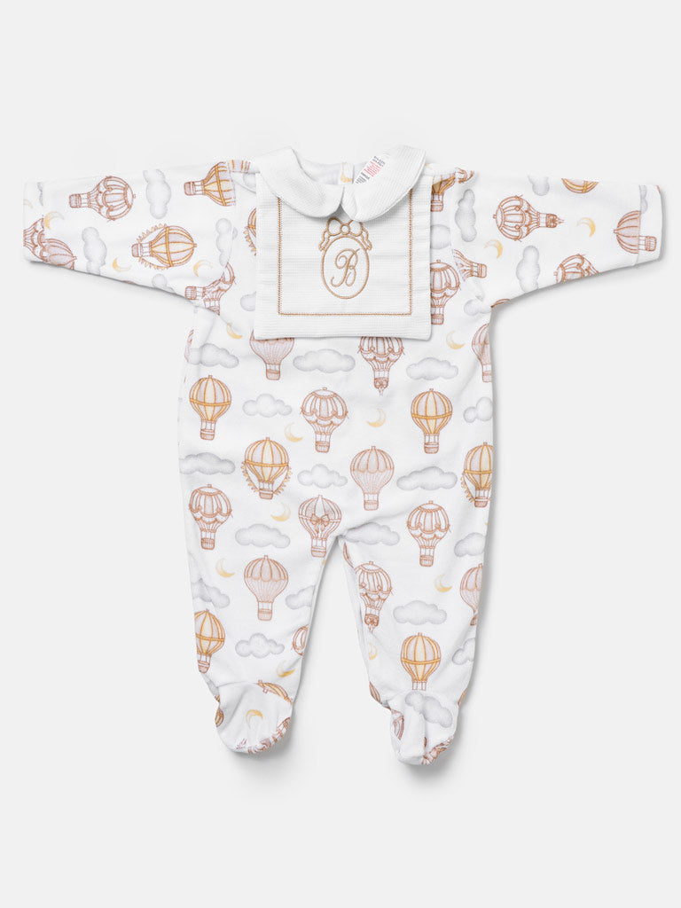 Velour Baby Grow with Embroidered Letter "B" Hot Air Balloon Collection - Beige