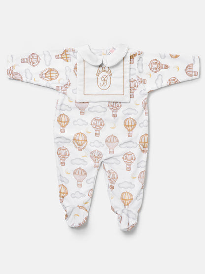 Velour Baby Grow with Embroidered Letter "B" Hot Air Balloon Collection - Beige