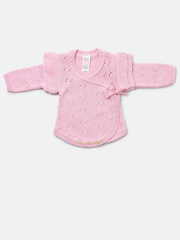 Baby Girl Knitted Romper Wrap Style with Ruffled Sleeves - Baby Pink