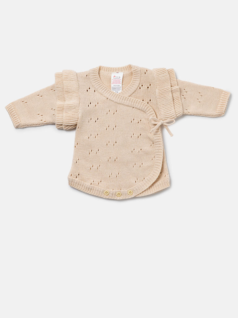 Baby Girl Knitted Romper Wrap Style with Ruffled Sleeves - Beige