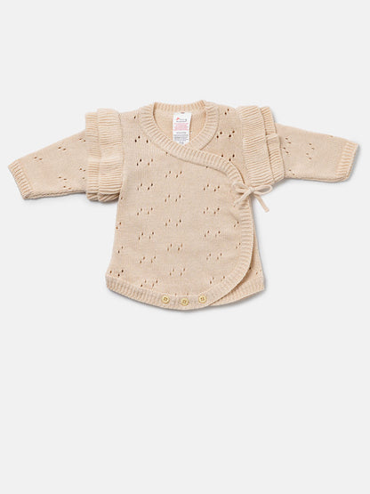 Baby Girl Knitted Romper Wrap Style with Ruffled Sleeves - Beige