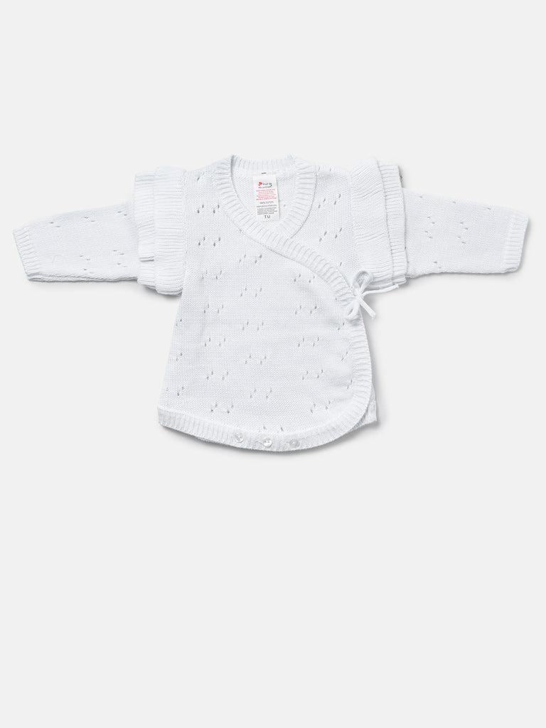 Baby Girl Knitted Romper Wrap Style with Ruffled Sleeves - White