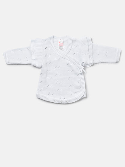 Baby Girl Knitted Romper Wrap Style with Ruffled Sleeves - White