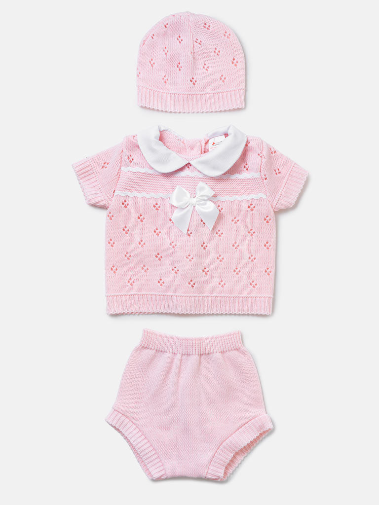 Baby Girl Centre Bow Eyelet Knit 3-Piece Gift Box Set - Baby Pink
