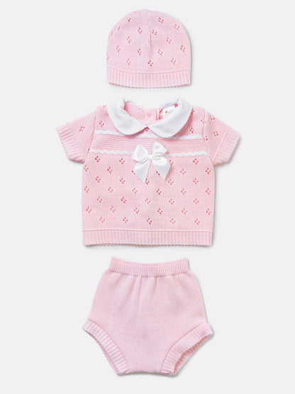 Baby Girl Centre Bow Eyelet Knit 3-Piece Gift Box Set - Baby Pink