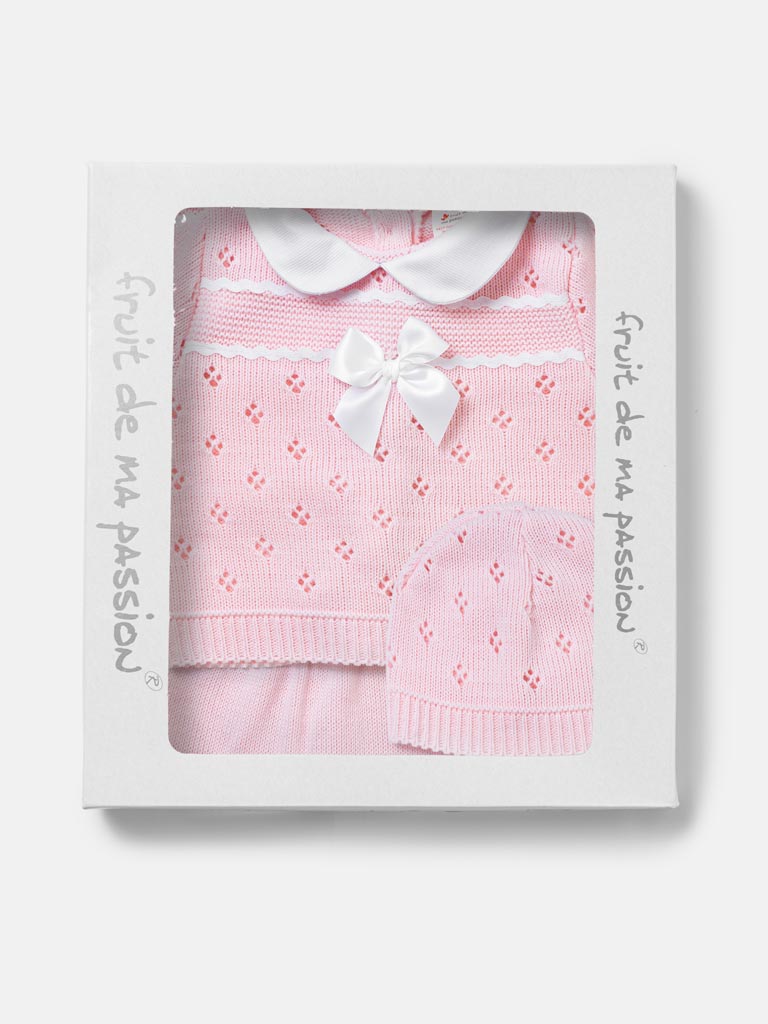 Baby Girl Centre Bow Eyelet Knit 3-Piece Gift Box Set - Baby Pink
