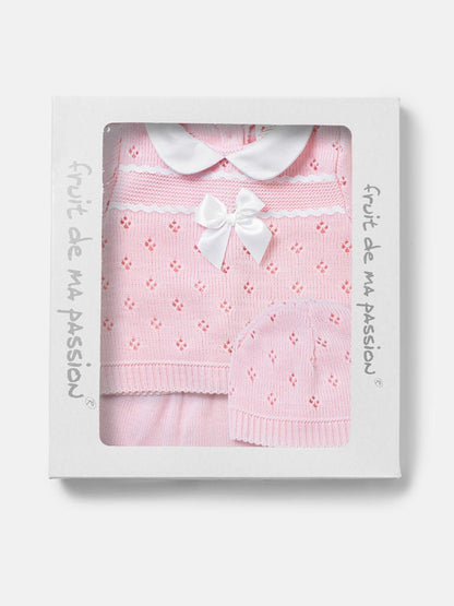 Baby Girl Centre Bow Eyelet Knit 3-Piece Gift Box Set - Baby Pink