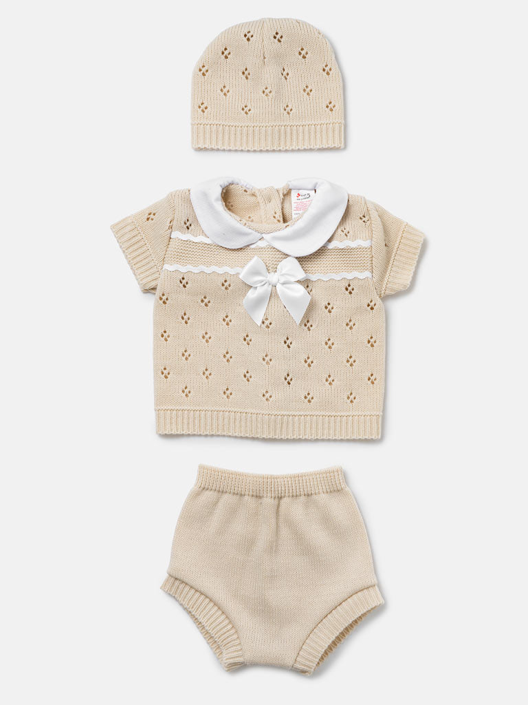 Baby Girl Centre Bow Eyelet Knit 3-Piece Gift Box Set - Beige