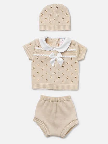 Baby Girl Centre Bow Eyelet Knit 3-Piece Gift Box Set - Beige