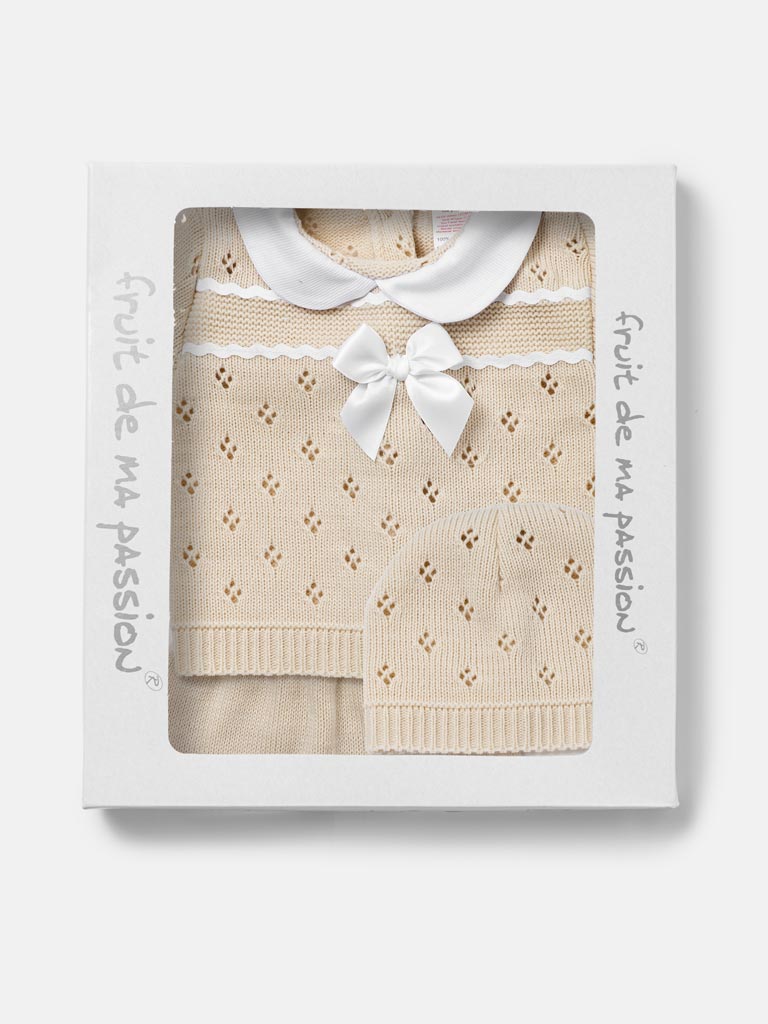 Baby Girl Centre Bow Eyelet Knit 3-Piece Gift Box Set - Beige