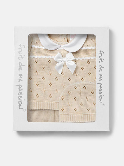 Baby Girl Centre Bow Eyelet Knit 3-Piece Gift Box Set - Beige