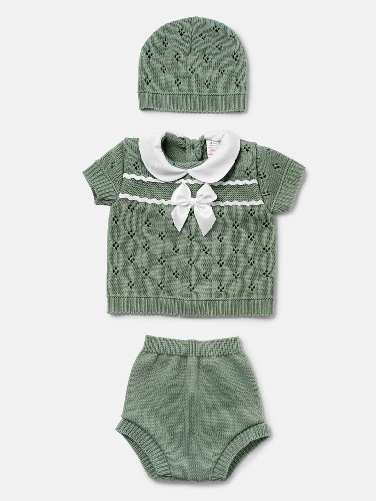 Baby Girl Centre Bow Eyelet Knit 3-Piece Gift Box Set - Sage Green