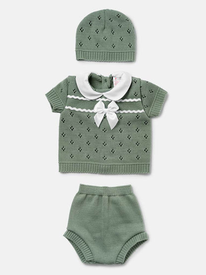 Baby Girl Centre Bow Eyelet Knit 3-Piece Gift Box Set - Sage Green