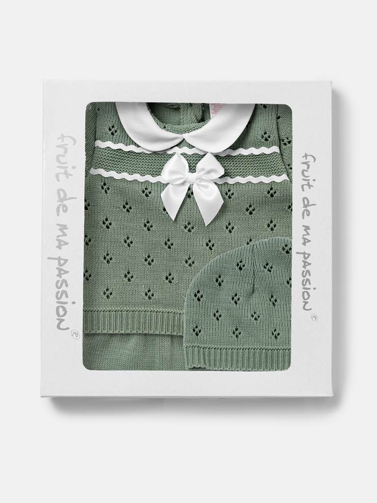 Baby Girl Centre Bow Eyelet Knit 3-Piece Gift Box Set - Sage Green