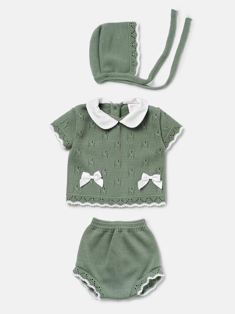 Baby Girl Delicate Eyelet Knit 3-Piece Gift Box Set - Sage Green