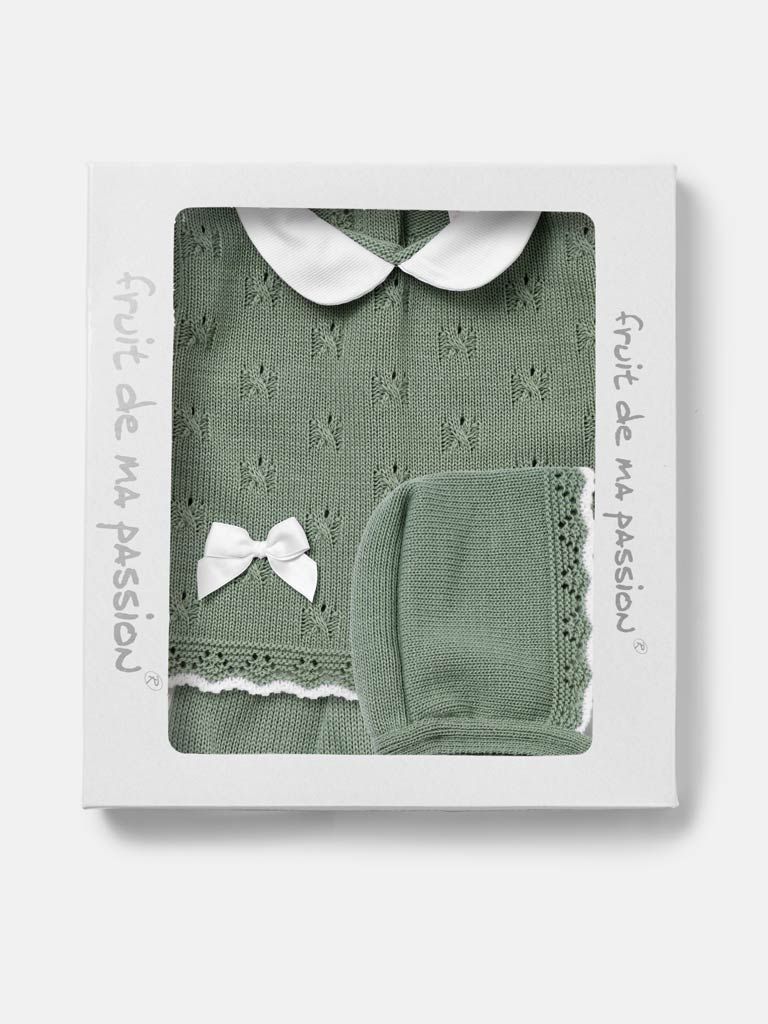 Baby Girl Delicate Eyelet Knit 3-Piece Gift Box Set - Sage Green