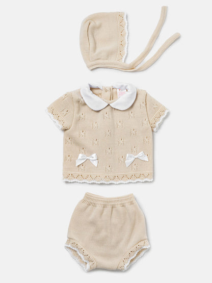Baby Girl Delicate Eyelet Knit 3-Piece Gift Box Set - Beige