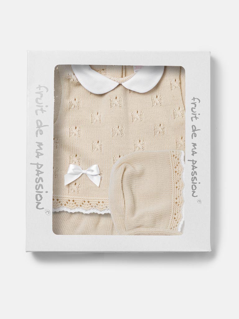 Baby Girl Delicate Eyelet Knit 3-Piece Gift Box Set - Beige