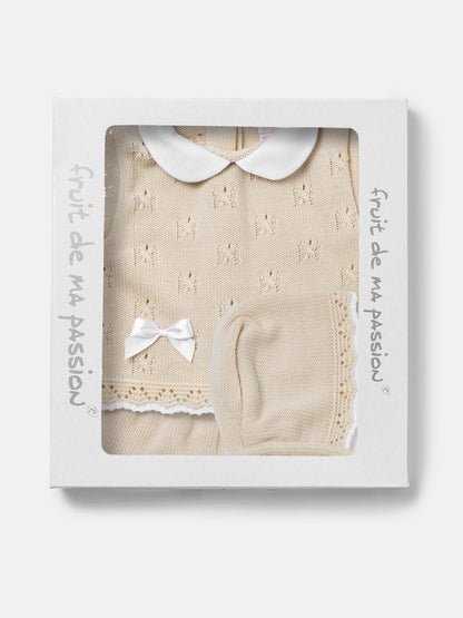 Baby Girl Delicate Eyelet Knit 3-Piece Gift Box Set - Beige
