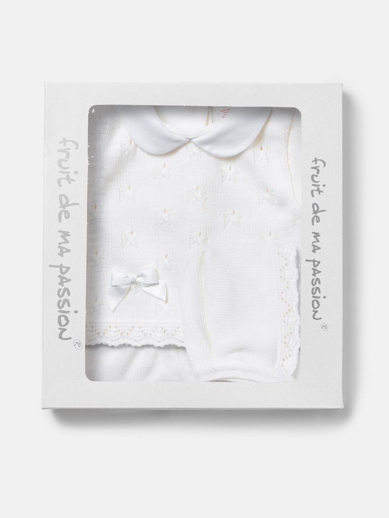 Baby Girl Delicate Eyelet Knit 3-Piece Gift Box Set - White