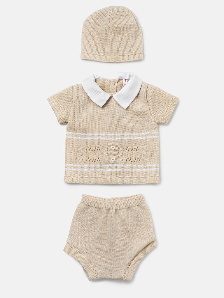 Baby Boy Dual Stripe Knitted 3-Piece Gift Box Set - Beige