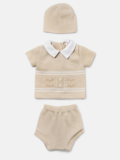 Baby Boy Dual Stripe Knitted 3-Piece Gift Box Set - Beige