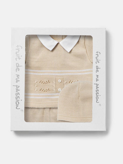 Baby Boy Dual Stripe Knitted 3-Piece Gift Box Set - Beige