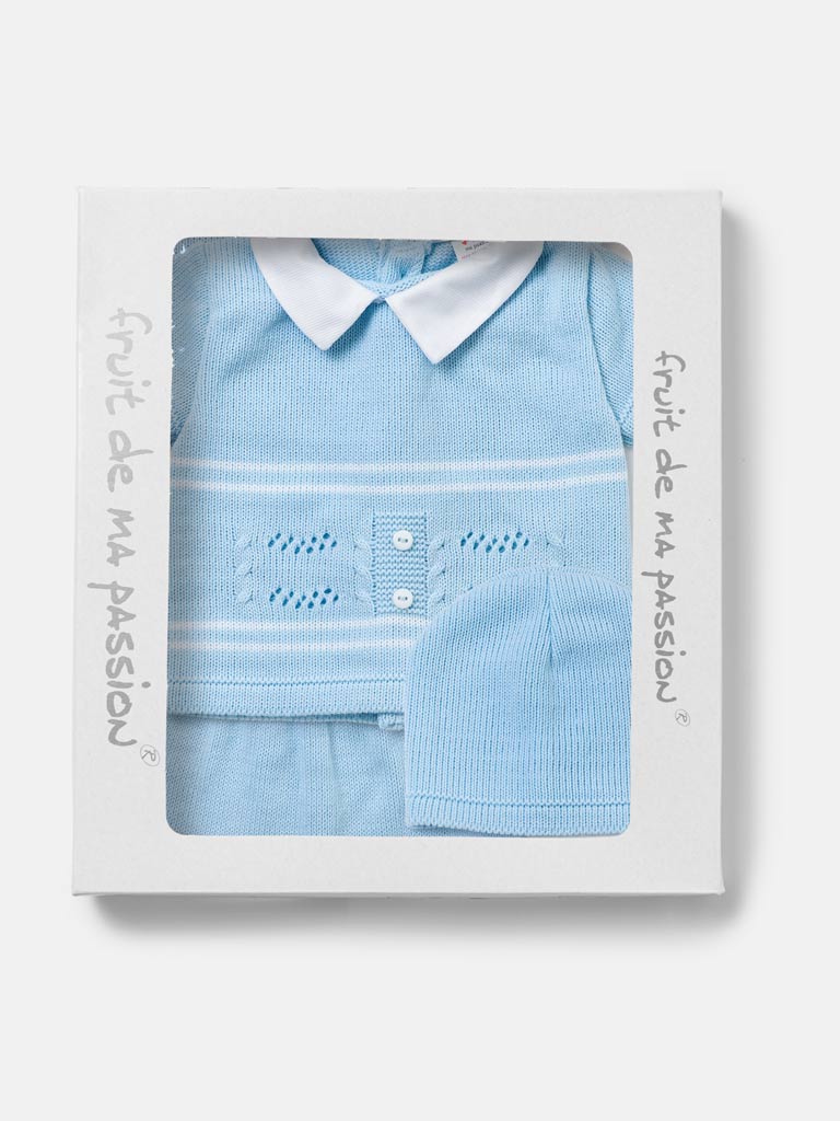 Baby Boy Dual Stripe Knitted 3-Piece Gift Box Set - Baby Blue