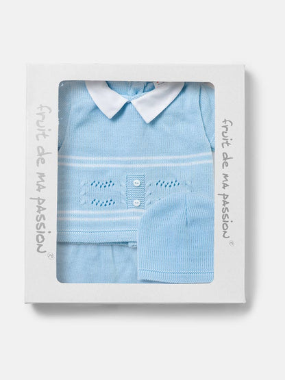Baby Boy Dual Stripe Knitted 3-Piece Gift Box Set - Baby Blue