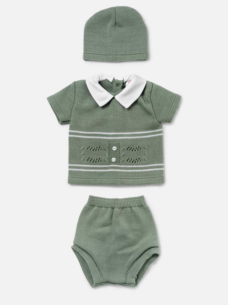 Baby Boy Dual Stripe Knitted 3-Piece Gift Box Set - Sage Green