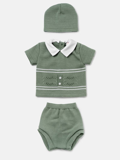 Baby Boy Dual Stripe Knitted 3-Piece Gift Box Set - Sage Green
