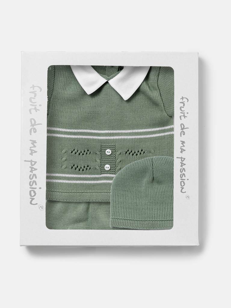 Baby Boy Dual Stripe Knitted 3-Piece Gift Box Set - Sage Green