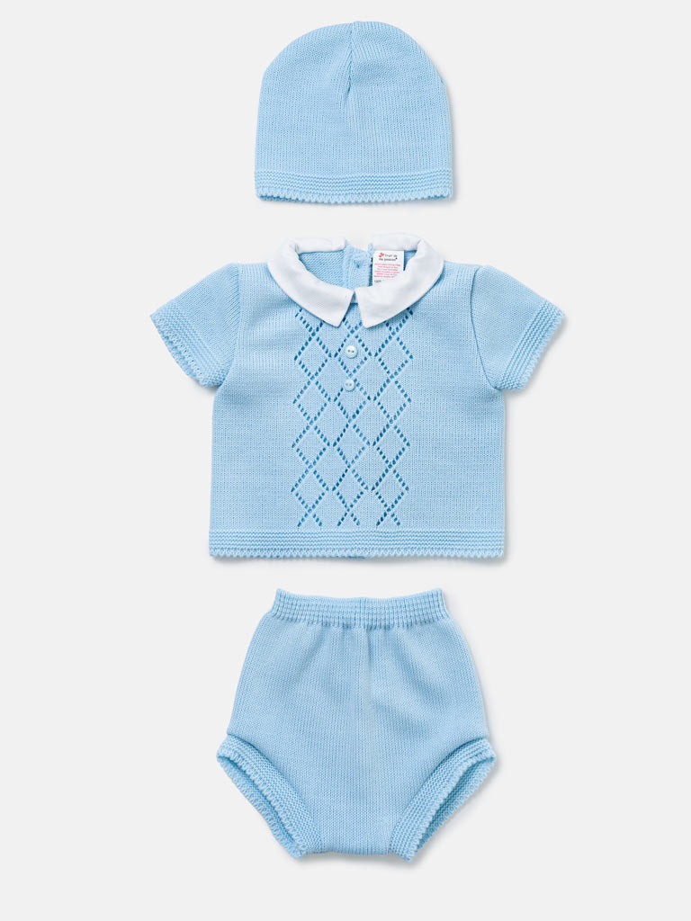 Baby Boy Diamond Eyelet Knit 3-Piece Gift Box Set - Baby Blue