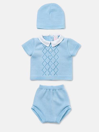 Baby Boy Diamond Eyelet Knit 3-Piece Gift Box Set - Baby Blue
