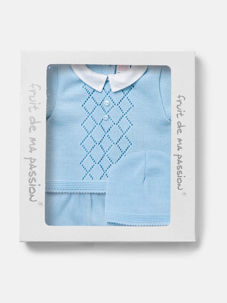 Baby Boy Diamond Eyelet Knit 3-Piece Gift Box Set - Baby Blue