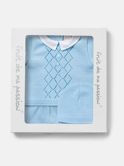 Baby Boy Diamond Eyelet Knit 3-Piece Gift Box Set - Baby Blue
