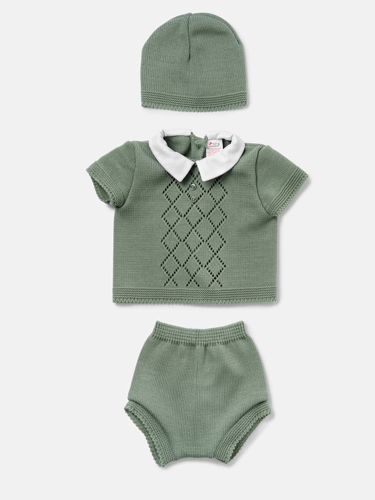 Baby Boy Diamond Eyelet Knit 3-Piece Gift Box Set - Sage Green