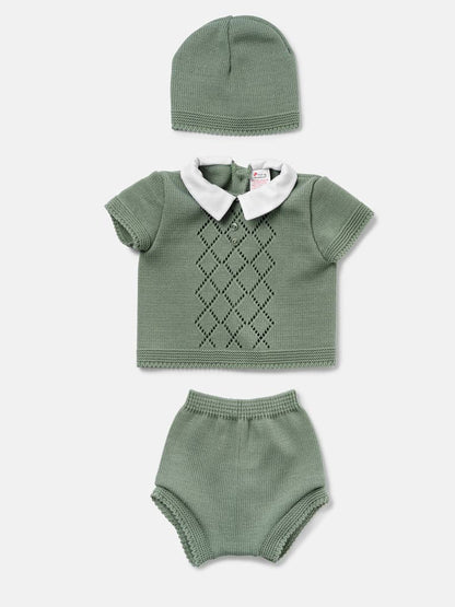Baby Boy Diamond Eyelet Knit 3-Piece Gift Box Set - Sage Green