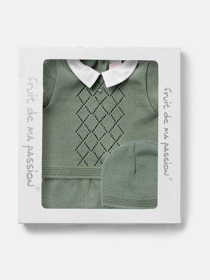 Baby Boy Diamond Eyelet Knit 3-Piece Gift Box Set - Sage Green