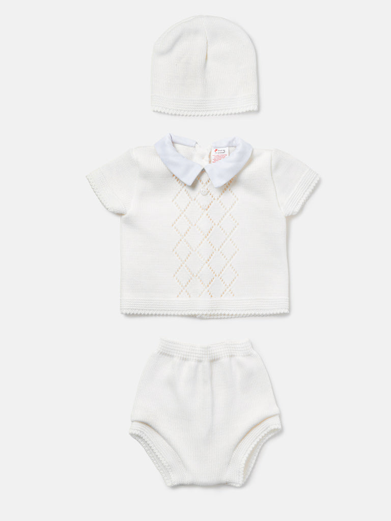 Baby Boy Diamond Eyelet Knit 3-Piece Gift Box Set - White