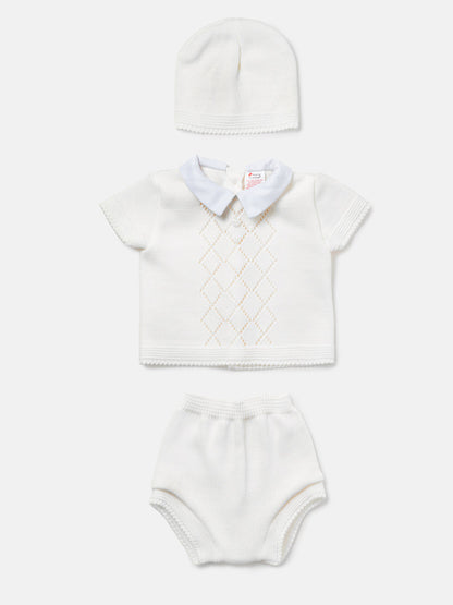 Baby Boy Diamond Eyelet Knit 3-Piece Gift Box Set - White