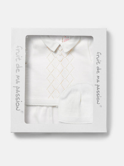Baby Boy Diamond Eyelet Knit 3-Piece Gift Box Set - White