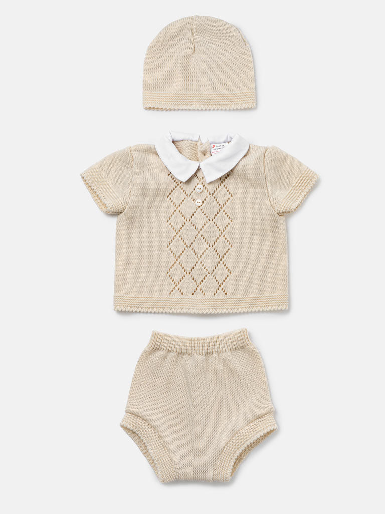 Baby Boy Diamond Eyelet Knit 3-Piece Gift Box Set - Beige
