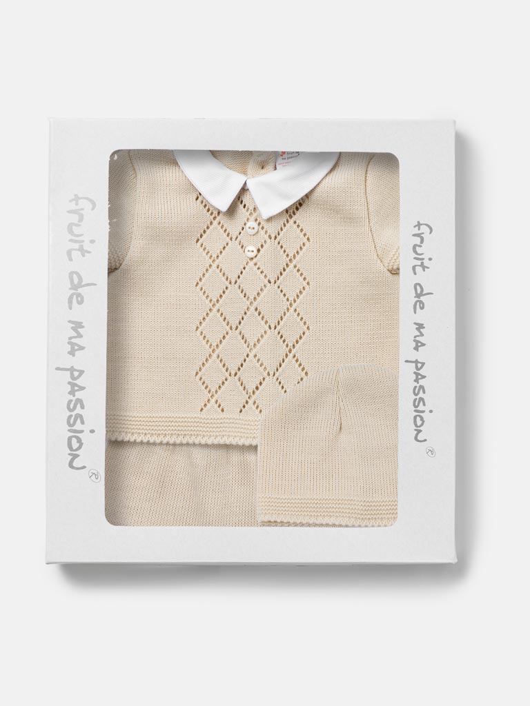 Baby Boy Diamond Eyelet Knit 3-Piece Gift Box Set - Beige