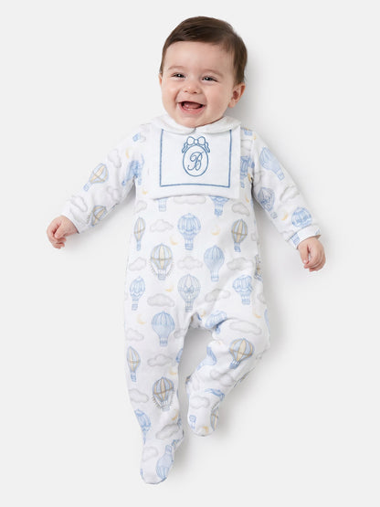 Velour Baby Grow with Embroidered Letter "B" Hot Air Balloon Collection - Baby Blue