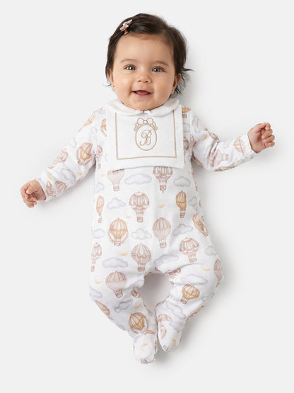 Velour Baby Grow with Embroidered Letter "B" Hot Air Balloon Collection - Beige